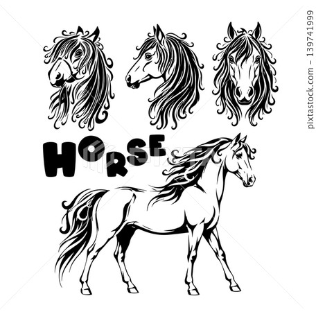 Beautiful Horse Set . Hand drawn. Not AI, vector illustration. Beautiful Horse Set . Hand drawn. Not AI, vector illustration. 139741999