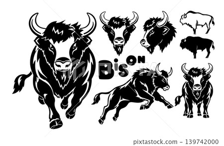 Bison set of black and white graphic objects . Hand drawn. Not AI, vector illustration. Bison set of black and white graphic objects . Hand drawn. Not AI, vector illustration. 139742000