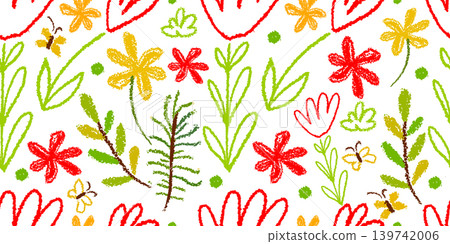 Seamless pattern simple flowers children's drawing with crayons. Hand drawn. Not AI, vector illustration. Seamless pattern simple flowers children's drawing with crayons. Hand drawn. Not AI, vector illustration. 139742006