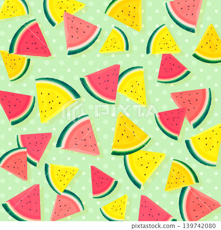 Yellow cut watermelon pattern with polka dot background_square Yellow cut watermelon pattern with polka dot background_square 139742080