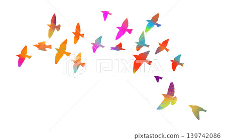 Flying birds colored silhouette flock. hand drawing. Not AI. Vector illustration Flying birds colored silhouette flock. hand drawing. Not AI. Vector illustration 139742086