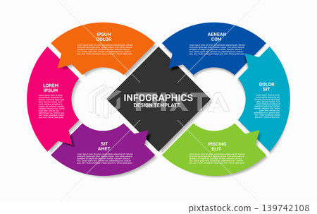 Circular business infographic template featuring six colorful speech bubble segments for steps or options. Vector illustration. 139742108