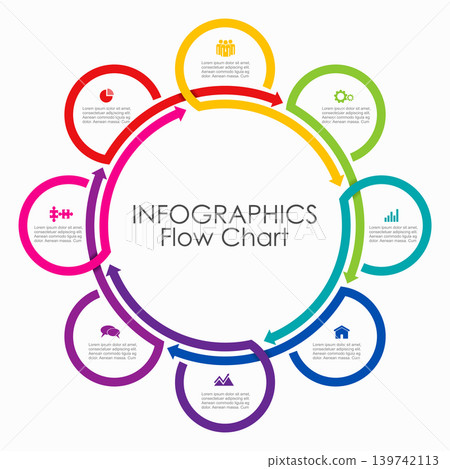 Modern eight-step infographic design template with circular arrows, icons, text for business process. Vector illustration. Modern eight-step infographic design template with circular arrows, icons, text for business process. Vector illustration. 139742113