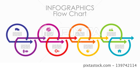 Horizontal business infographic flow chart with eight colorful interlocking circular steps, arrows, icons. Vector illustration. Horizontal business infographic flow chart with eight colorful interlocking circular steps, arrows, icons. Vector illustration. 139742114