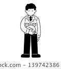 一幅單色插圖，描繪了一名身穿西裝和工作服的男子麵向前方站立，手持頭盔。 139742386