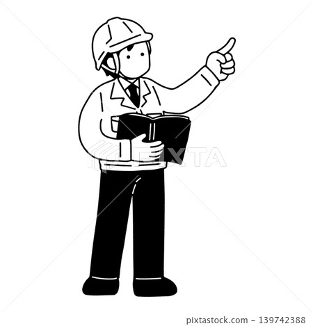 A monochrome illustration of a man wearing a helmet, suit, and work clothes, standing with documents in his hand and pointing diagonally upwards. A monochrome illustration of a man wearing a helmet, suit, and work clothes, standing with documents in his hand and pointing diagonally upwards. 139742388