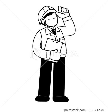A monochrome illustration of a man in a suit and work clothes standing with his hand on his helmet, holding a clipboard. 139742389