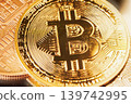 Bitcoin coin stacked with other cryptocurrency coins showcasing digital currency in a close-up view under bright light. High quality photo 139742995
