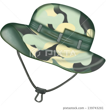 Bucket Hat cute style, green color and Camouflage ,Hand Drawn Cute style, Camping and hiking simple set. 139743281