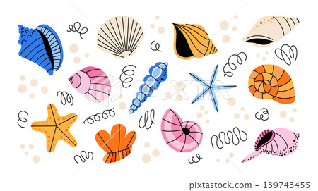 Big collection of hand drawn seashells and sea life elements. Colorful vector illustrations and stickers with various ocean treasures and sea creatures. Cute set of nautical icons for summer design. Big collection of hand drawn seashells and sea life elements. Colorful vector illustrations and stickers with various ocean treasures and sea creatures. Cute set of nautical icons for summer design. 139743455