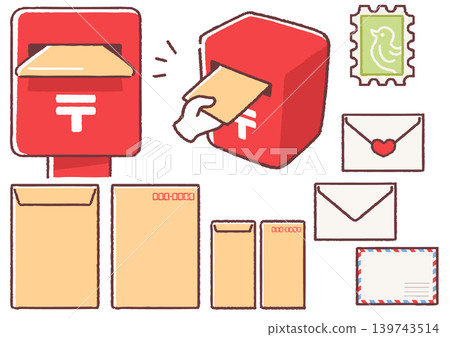 A set of simple illustrations of envelopes, mail, and mailboxes. A set of simple illustrations of envelopes, mail, and mailboxes. 139743514