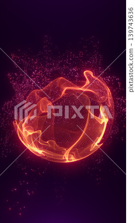 Glowing orange particle sphere with flowing mesh ribbons and sparkling embers on a dark purple background, forming an abstract fiery energy core Glowing orange particle sphere with flowing mesh ribbons and sparkling embers on a dark purple background, forming an abstract fiery energy core 139743636