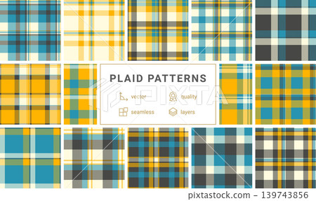 Vibrant seamless teal and charcoal tartan plaid pattern with yellow accents. This classic geometric design offers a modern twist for stylish textile prints, fashion apparel, and home decor. Vibrant seamless teal and charcoal tartan plaid pattern with yellow accents. This classic geometric design offers a modern twist for stylish textile prints, fashion apparel, and home decor. 139743856