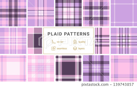 Seamless purple and pink plaid tartan pattern. This elegant checkered fabric design offers a soft aesthetic for fashion, home textiles, and digital backgrounds. Versatile and stylish. Seamless purple and pink plaid tartan pattern. This elegant checkered fabric design offers a soft aesthetic for fashion, home textiles, and digital backgrounds. Versatile and stylish. 139743857
