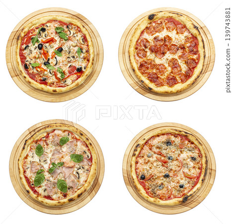 Set of various pizzas on wooden boards isolated on white background Set of various pizzas on wooden boards isolated on white background 139743881