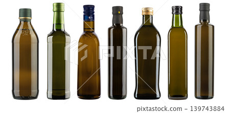 Set of various glass olive oil bottles isolated on white background Set of various glass olive oil bottles isolated on white background 139743884
