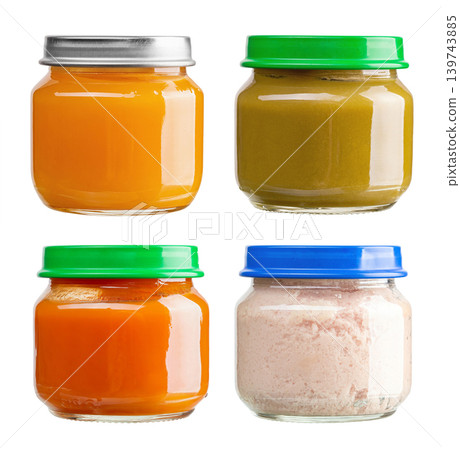 Baby food jars set isolated on white background, fruit and vegetable puree collection Baby food jars set isolated on white background, fruit and vegetable puree collection 139743885