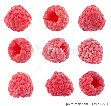 Fresh raspberry set isolated on white background, macro collection of berries Fresh raspberry set isolated on white background, macro collection of berries 139743891