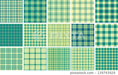 Decorative plaid pattern pack for gift wrap. Coordinated tartan designs fit paper, tags, boxes. Seamless vector repeats align. Decorative plaid pattern pack for gift wrap. Coordinated tartan designs fit paper, tags, boxes. Seamless vector repeats align. 139743929