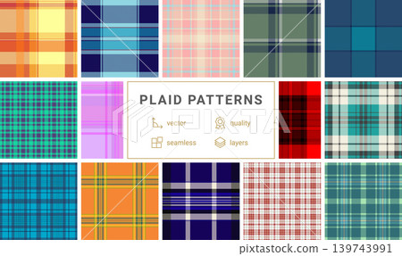 Plaid pattern set created for warmth, home, and family comfort. Vector patterns enhance blankets, pillows, apparel, scarves, and digital projects. Plaid pattern set created for warmth, home, and family comfort. Vector patterns enhance blankets, pillows, apparel, scarves, and digital projects. 139743991