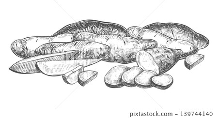 A composition of sweet potatoes. Vector sketch of yams lying on a table. Whole batsts, halves, nippers and slices depicted in an engraved style. Line drawing kumara in ink in rustic style. A composition of sweet potatoes. Vector sketch of yams lying on a table. Whole batsts, halves, nippers and slices depicted in an engraved style. Line drawing kumara in ink in rustic style. 139744140