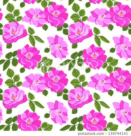 Vector background with dog roses. A popular Victorian motif. A symbol of love and passion. Seamless pattern with pink roses. Clipart for wrapping paper for cosmetics and perfumes. 139744141