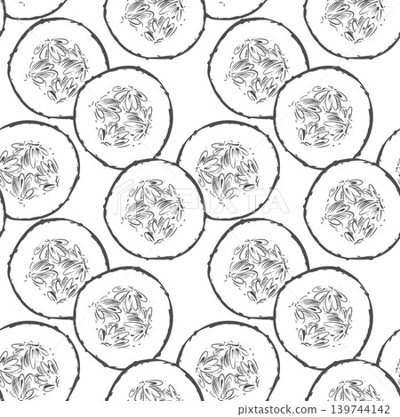 Seamless pattern with a round cucumber slice. Vector cucumber background. Hand-drawn ink drawing using the engraving technique. Line sketch of the vegetable. 139744142