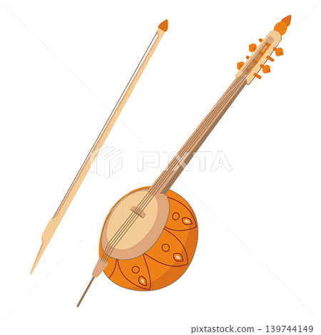 The kamancheh is an Iranian string instrument used in Persian, Georgian, Turkmen and Kurdish music. Wooden version of the oriental lute and bow. Kemanjah for folk music. Vector kabak in flat style. 139744149