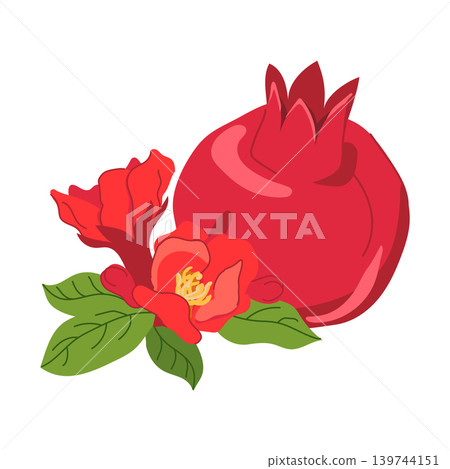 A whole fresh pomegranate in a flat style. Vector illustration of a juicy red Anar and flowers. A Iranian fruit lying on a table. Clipart for juice. A flavoring agent in perfumes and cosmetics. A whole fresh pomegranate in a flat style. Vector illustration of a juicy red Anar and flowers. A Iranian fruit lying on a table. Clipart for juice. A flavoring agent in perfumes and cosmetics. 139744151