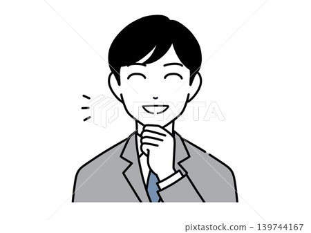 A monochrome illustration of a young man in a suit with his hand on his chin, looking pleased with himself. A monochrome illustration of a young man in a suit with his hand on his chin, looking pleased with himself. 139744167