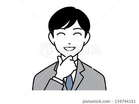 A monochrome illustration of a young man in a suit with his hand on his chin, smiling and looking satisfied. A monochrome illustration of a young man in a suit with his hand on his chin, smiling and looking satisfied. 139744181