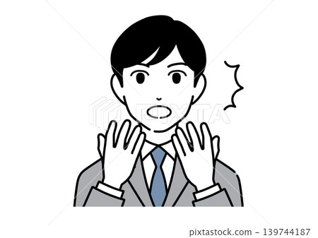 A young male office worker in a suit, with both hands covering his mouth in surprise. A young male office worker in a suit, with both hands covering his mouth in surprise. 139744187