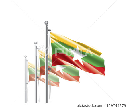 Brightly shining Myanmar flags wave proudly on tall masts during official celebration events 139744279