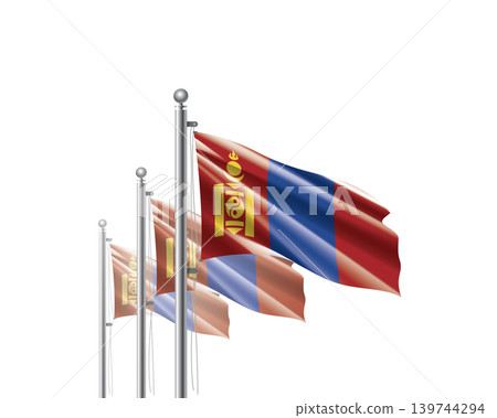 Brightly shining Mongolian flags wave proudly on tall masts during official celebration events 139744294