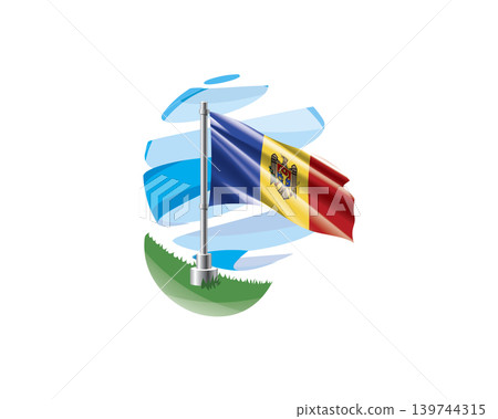 Moldavian flag on a green lawn against a background of blue abstract sky 139744315