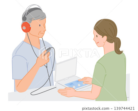 插圖描繪了一位老年男子在醫院體檢期間接受護士聽力測試的場景。 139744421
