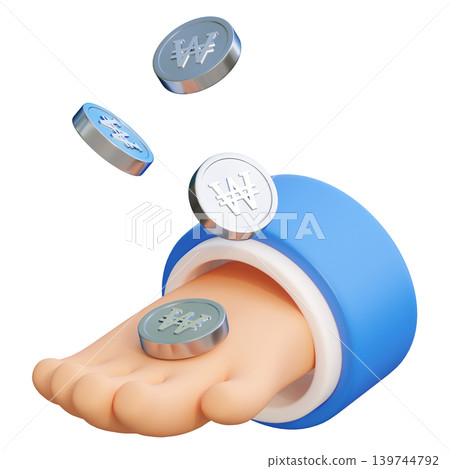 3D render of cartoon hand holding South Korean won coins finance and banking concept 3D render of cartoon hand holding South Korean won coins finance and banking concept 139744792
