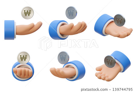 3D render of cartoon hand holding South Korean won coins finance and banking concept 139744795