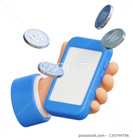 3D render of hand holding smartphone with South Korean won coins mobile banking concept 3D render of hand holding smartphone with South Korean won coins mobile banking concept 139744796