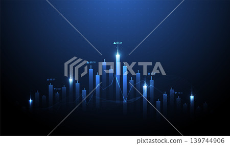 Futuristic financial stock market candlestick chart showing upward growth trend with glowing blue light on dark background 139744906