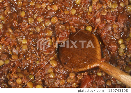 Lentil Bolognese with Wooden Spoon 139745108