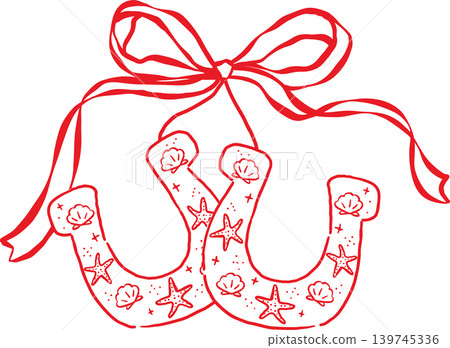 Cowboy Summer Two Horseshoe Cherries with Ribbon Bow Whimsical Hand Drawn 139745336