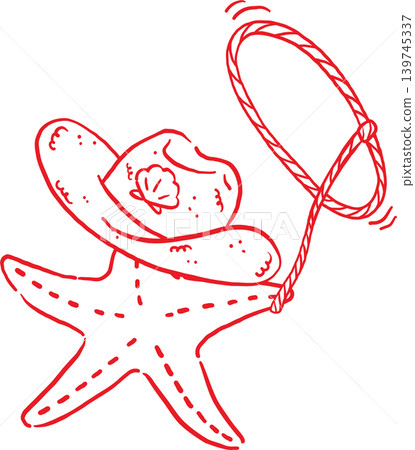 Cowboy Summer Starfish Wearing a Hat Swinging Lasso Whimsical Hand Drawn 139745337