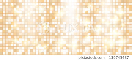 Disco mirror tile in gold sequin glow for event poster. Bright disco ball sparkle on a soft background by warm light. Vector dance background with abstract glitz as Christmas bg template 139745487