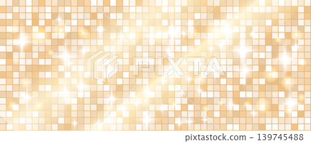 Disco glitter on bright gold tile texture for nightlife banner. Sparkling disco mosaic over a luminous backdrop by warm light. Vector dance ball background with glam glint texture 139745488