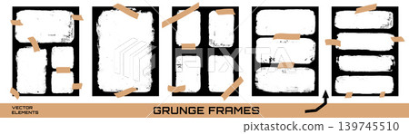 Frame and collage rectangle photo card with grunge tape for worn scrapbook layout. Split frame element with brush ink edge. Vector collage set as old zine overlay pack isolated Frame and collage rectangle photo card with grunge tape for worn scrapbook layout. Split frame element with brush ink edge. Vector collage set as old zine overlay pack isolated 139745510