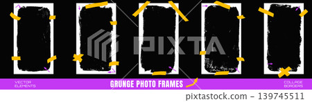 Frames and social media rectangle story for grunge collage post with tape. Worn frame border element on photo card. Vector social media set as post template and fashion trendy promo bg isolated Frames and social media rectangle story for grunge collage post with tape. Worn frame border element on photo card. Vector social media set as post template and fashion trendy promo bg isolated 139745511