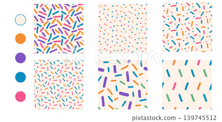 Kid party seamless pattern set with small dash polka dot and sprinkle confetti. Cute mini rice and pea shapes on beige for kid party invitation. Cheerful vector birthday endless patterns illustration Kid party seamless pattern set with small dash polka dot and sprinkle confetti. Cute mini rice and pea shapes on beige for kid party invitation. Cheerful vector birthday endless patterns illustration 139745512