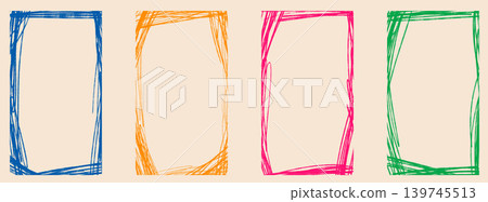 Crayon frame with funky grunge border for childish photo. Whimsical crayon school frames and quirky doodle sketch for kid story on kindergarten poster. Vector hand drawn pack isolated on beige bg 139745513