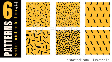 Simple seamless pattern set with small dash mini polka dot and doodle confetti. Hand drawn scribble and short line shapes on yellow for ornament kids print. Vector simple seamless covers isolated Simple seamless pattern set with small dash mini polka dot and doodle confetti. Hand drawn scribble and short line shapes on yellow for ornament kids print. Vector simple seamless covers isolated 139745516